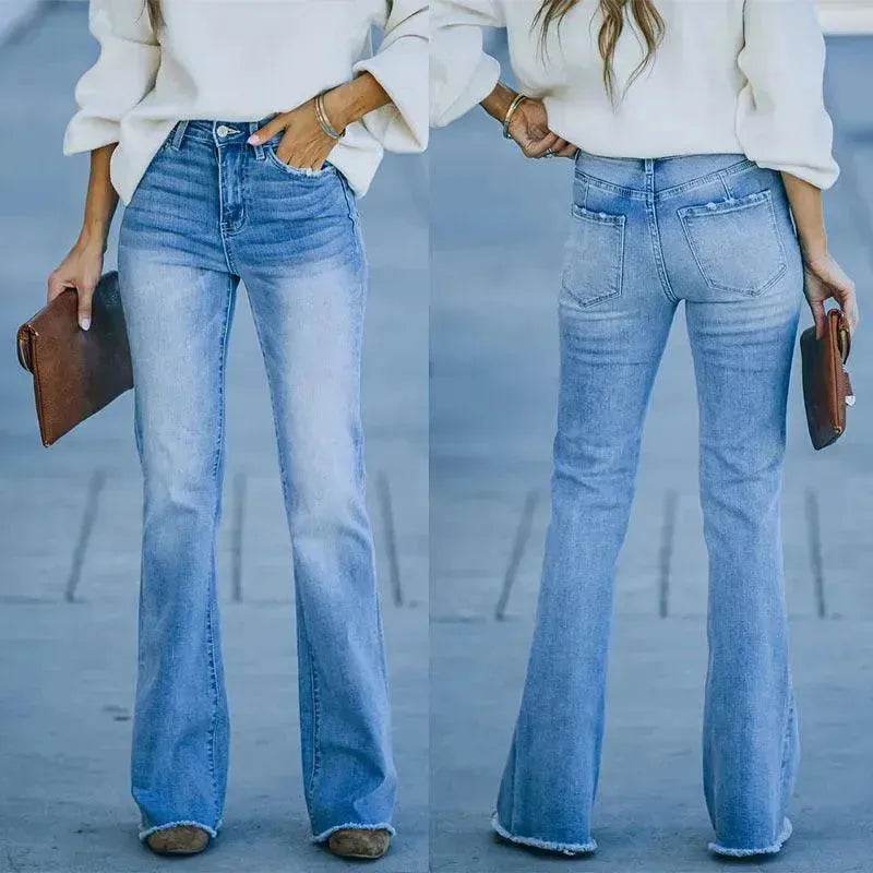 Simple Slim-fit Washed Denim Trousers With Pockets For Women - www.Shopthatapp.com