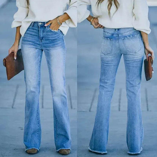 Simple Slim-fit Washed Denim Trousers With Pockets For Women - www.Shopthatapp.com