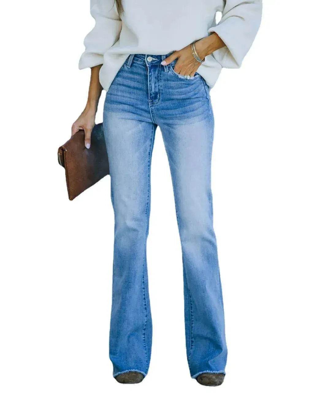 Simple Slim-fit Washed Denim Trousers With Pockets For Women - www.Shopthatapp.com