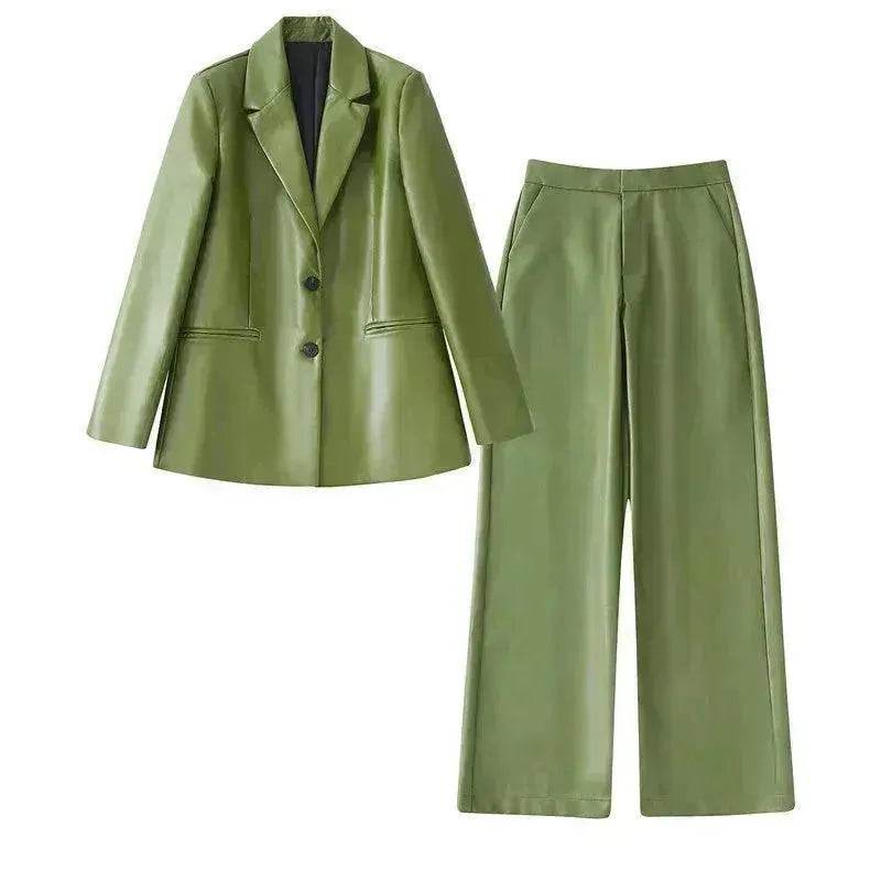 Single Breasted Casual Imitation Leather Suit Jacket Trousers Suit Women - www.Shopthatapp.com