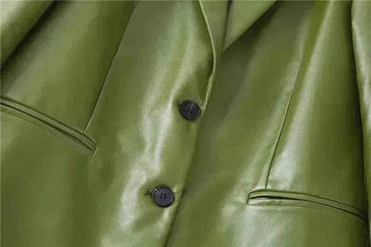 Single Breasted Casual Imitation Leather Suit Jacket Trousers Suit Women - www.Shopthatapp.com