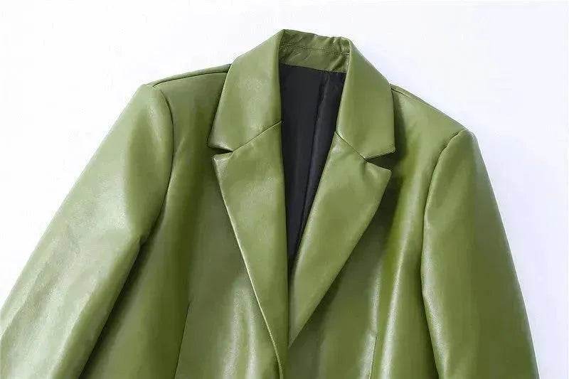 Single Breasted Casual Imitation Leather Suit Jacket Trousers Suit Women - www.Shopthatapp.com