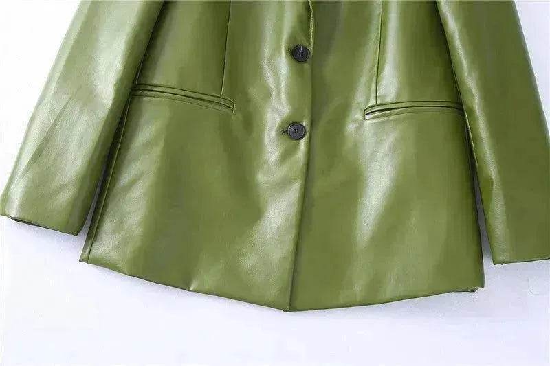 Single Breasted Casual Imitation Leather Suit Jacket Trousers Suit Women - www.Shopthatapp.com