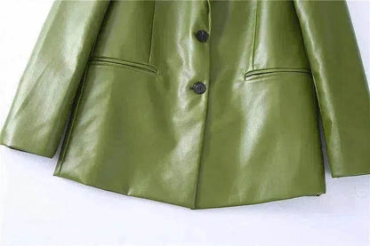 Single Breasted Casual Imitation Leather Suit Jacket Trousers Suit Women - www.Shopthatapp.com