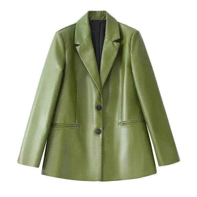 Single Breasted Casual Imitation Leather Suit Jacket Trousers Suit Women - www.Shopthatapp.com