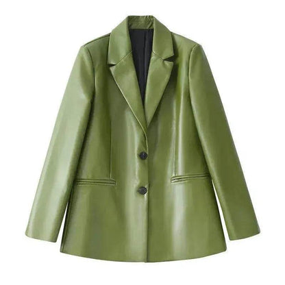 Single Breasted Casual Imitation Leather Suit Jacket Trousers Suit Women - www.Shopthatapp.com