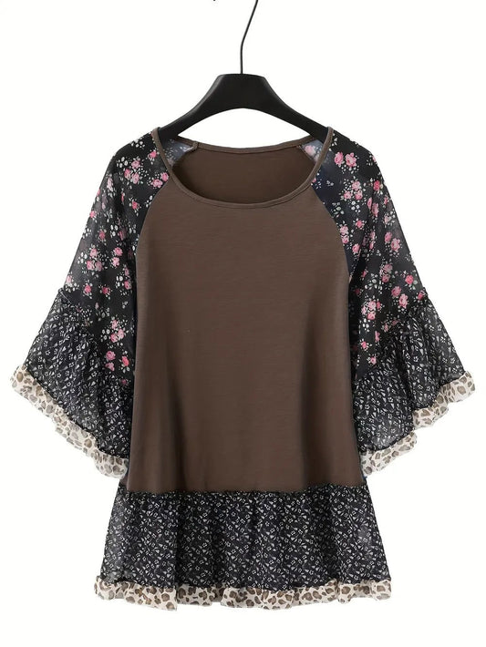Siskia Frill Printed Round Neck Half Sleeve Cotton Blouse - www.Shopthatapp.com