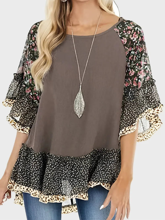 Siskia Frill Printed Round Neck Half Sleeve Cotton Blouse
