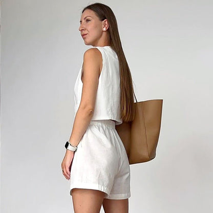 Ensemble short deux pièces en coton taille haute sans manches à col en V Sita French