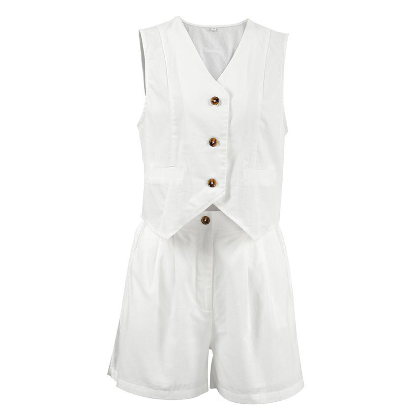 Ensemble short deux pièces en coton taille haute sans manches à col en V Sita French