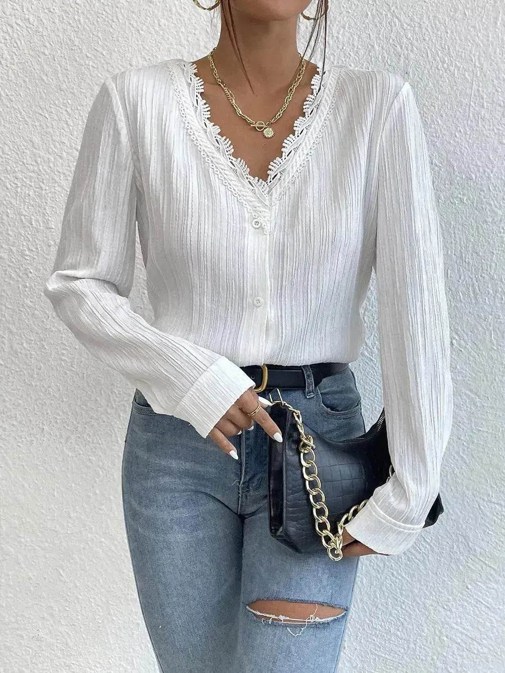White Slim Fit Long Sleeve  Shirt evening Top Women - www.Shopthatapp.com