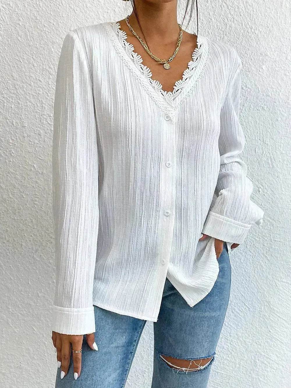 White Slim Fit Long Sleeve  Shirt evening Top Women - www.Shopthatapp.com