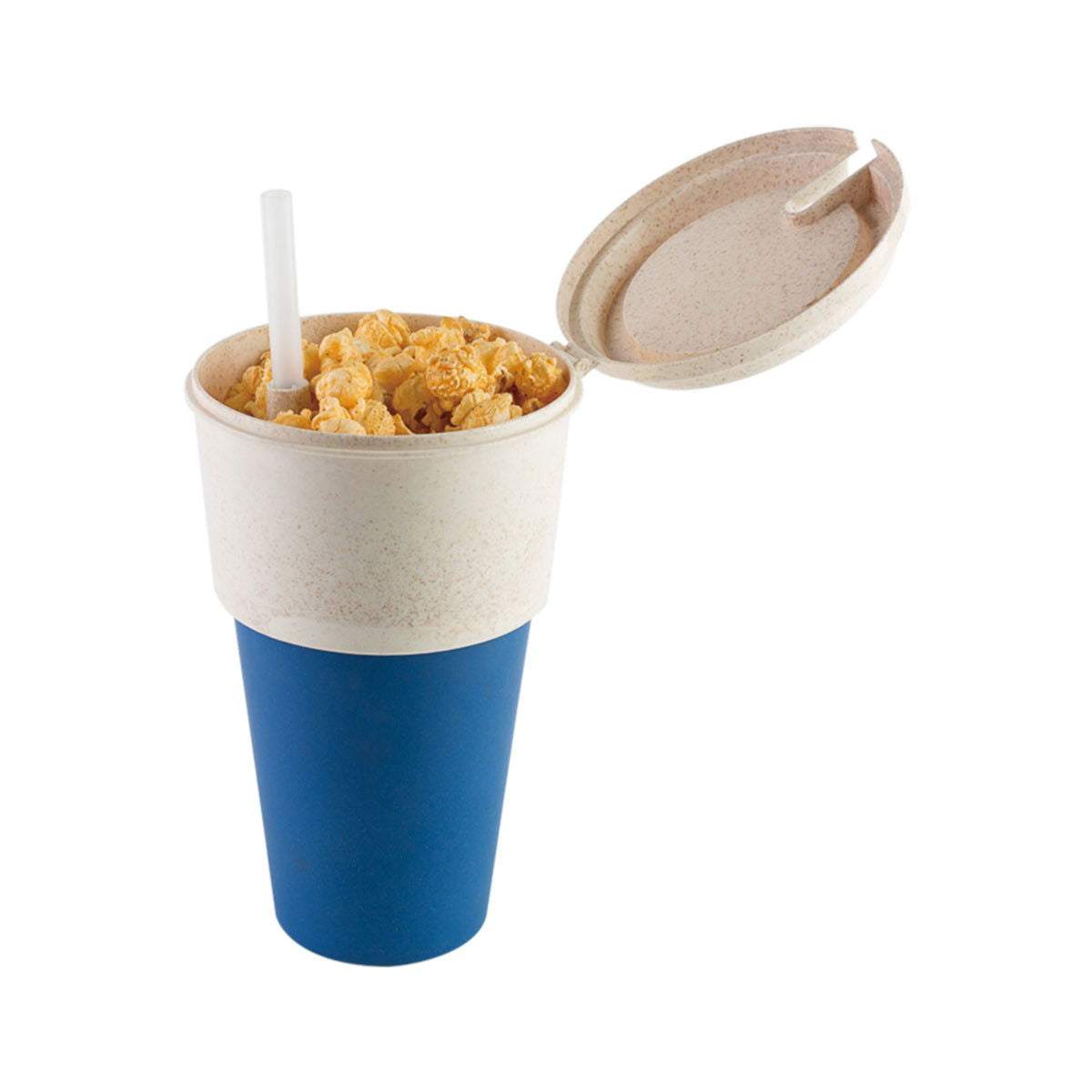 Peterson Housewares snack drink cup set Canada featuring a blue cup with a popcorn holder and straw
