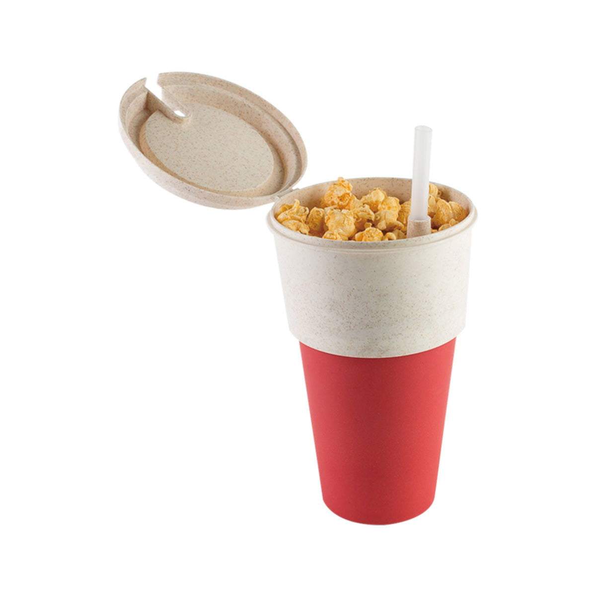Peterson Housewares snack drink cup set Canada featuring a red cup with a popcorn lid and straw for snacks on the go