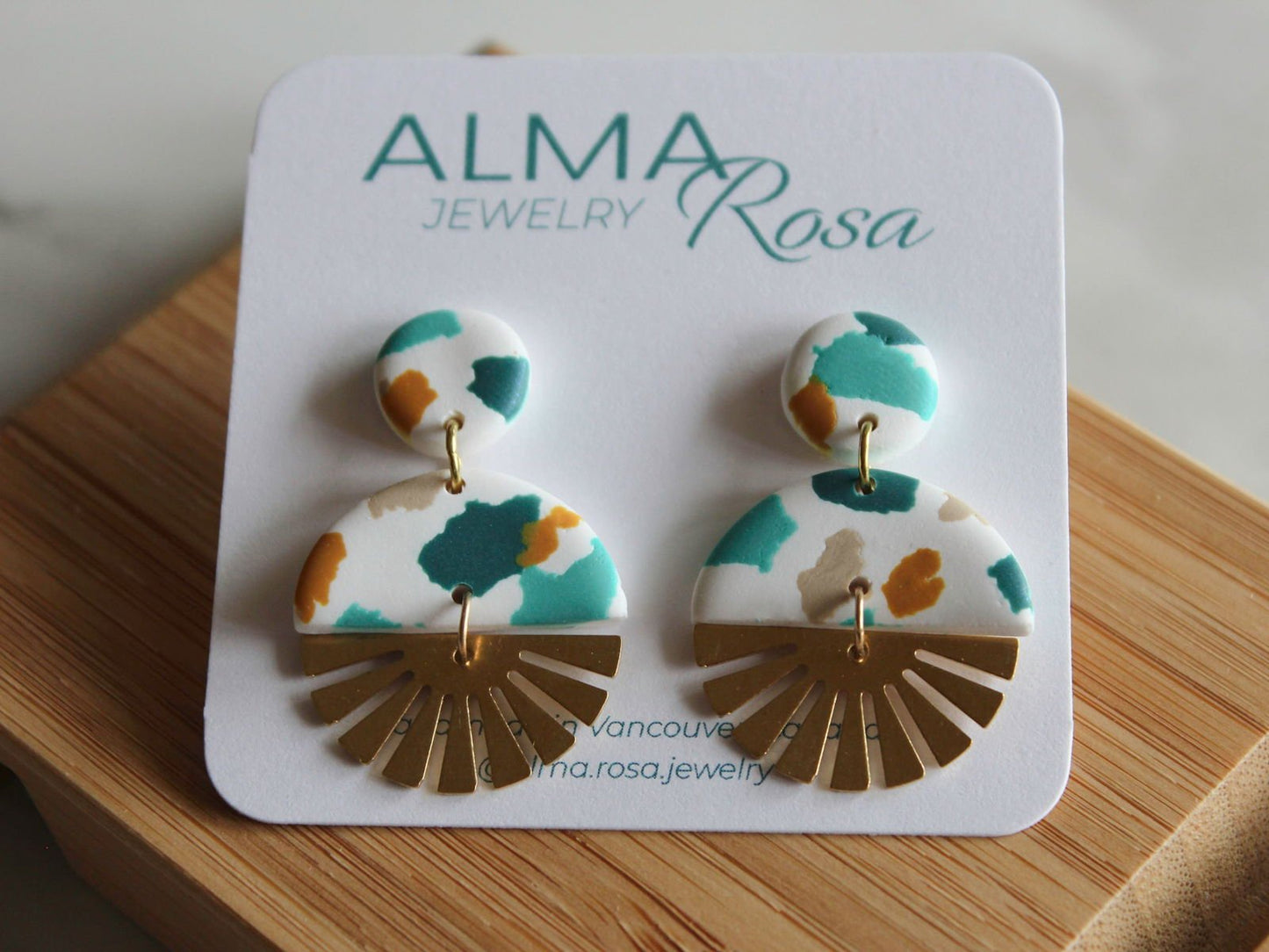 SOL Earrings. White Polymer Clay Terrazzo earrings with brass Sun Rays - www.Shopthatapp.com