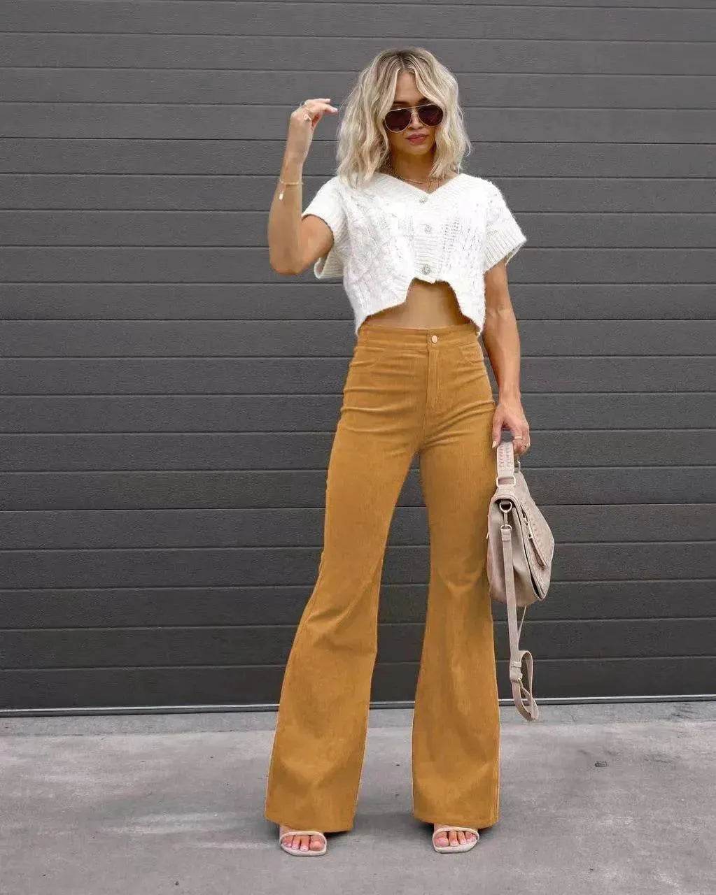 Solid Color Mid-waist Slim-fit Micro Flared Pants Corduroy - www.Shopthatapp.com