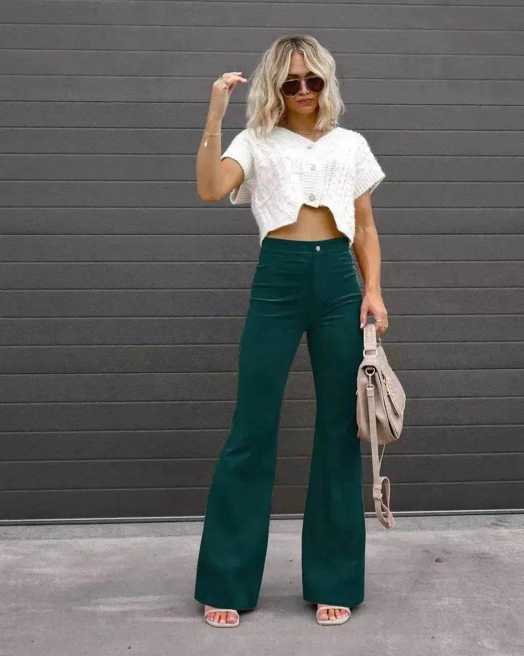 Solid Color Mid-waist Slim-fit Micro Flared Pants Corduroy - www.Shopthatapp.com