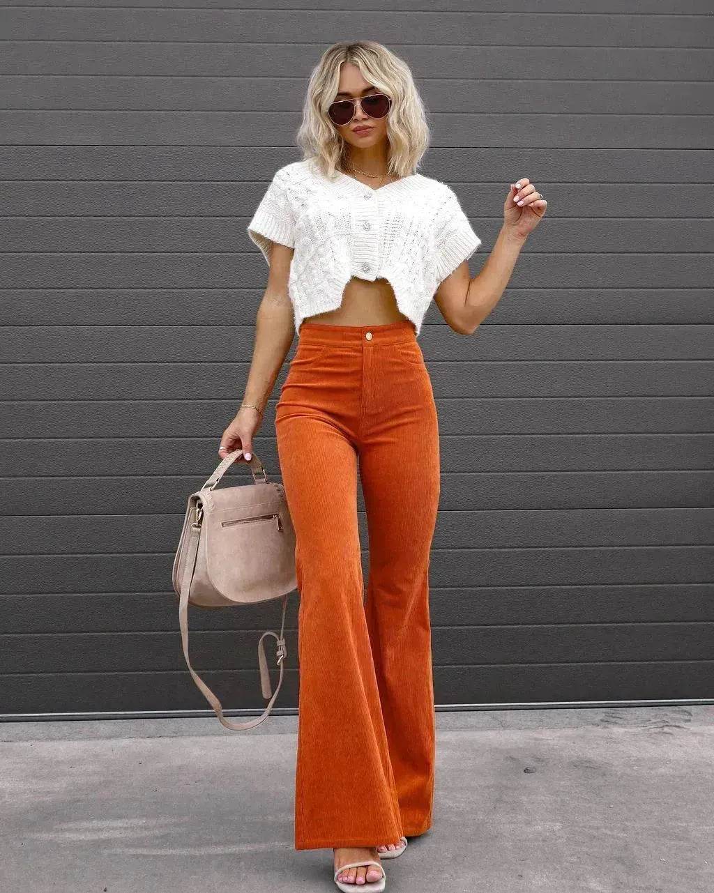 Solid Color Mid-waist Slim-fit Micro Flared Pants Corduroy - www.Shopthatapp.com