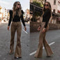 Solid Color Mid-waist Slim-fit Micro Flared Pants Corduroy - www.Shopthatapp.com