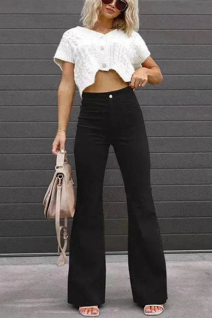 Solid Color Mid-waist Slim-fit Micro Flared Pants Corduroy - www.Shopthatapp.com