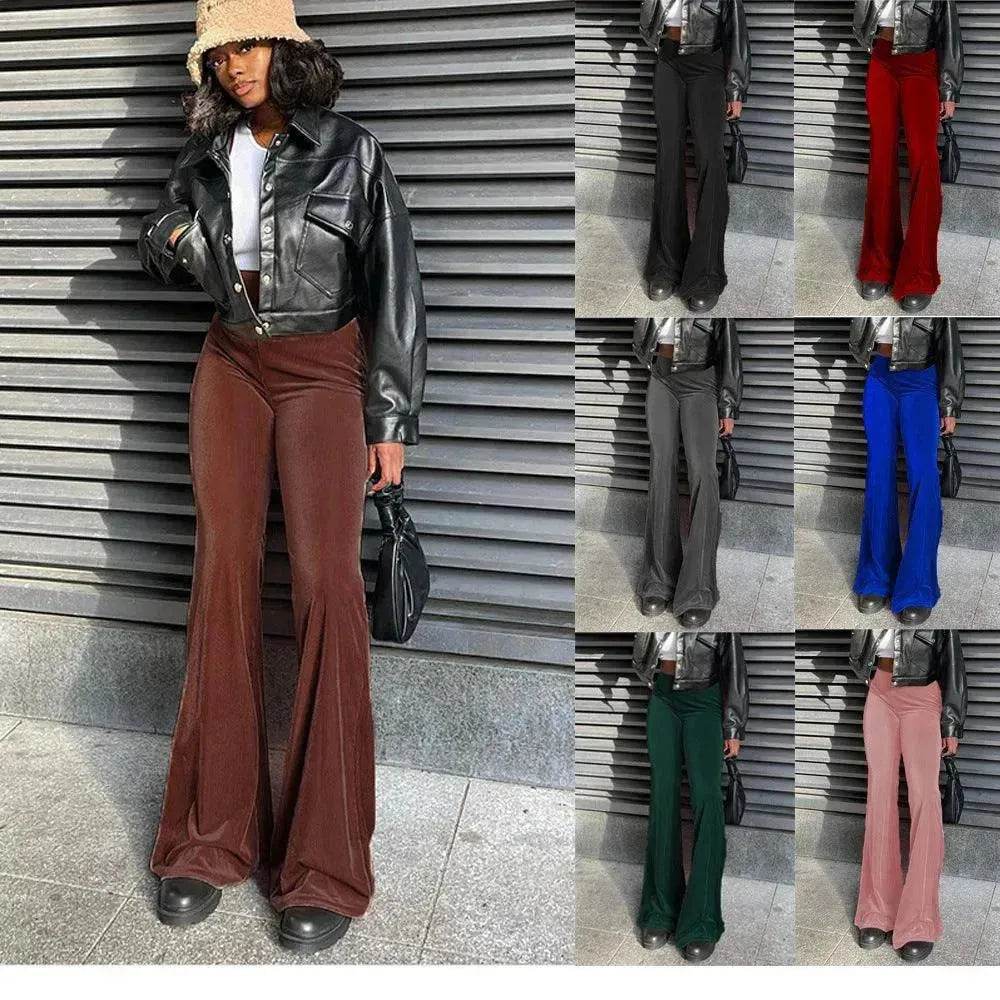 Solid Color Velvet Elastic High Waist Slimming Casual Bootcut Trousers Women - www.Shopthatapp.com
