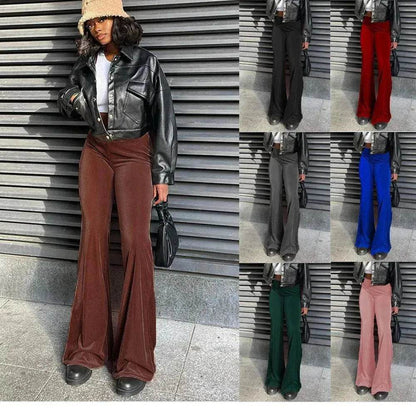 Solid Color Velvet Elastic High Waist Slimming Casual Bootcut Trousers Women - www.Shopthatapp.com