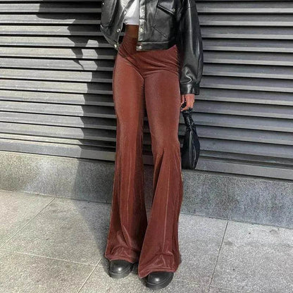 Solid Color Velvet Elastic High Waist Slimming Casual Bootcut Trousers Women - www.Shopthatapp.com