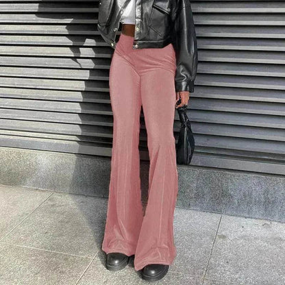 Solid Color Velvet Elastic High Waist Slimming Casual Bootcut Trousers Women - www.Shopthatapp.com