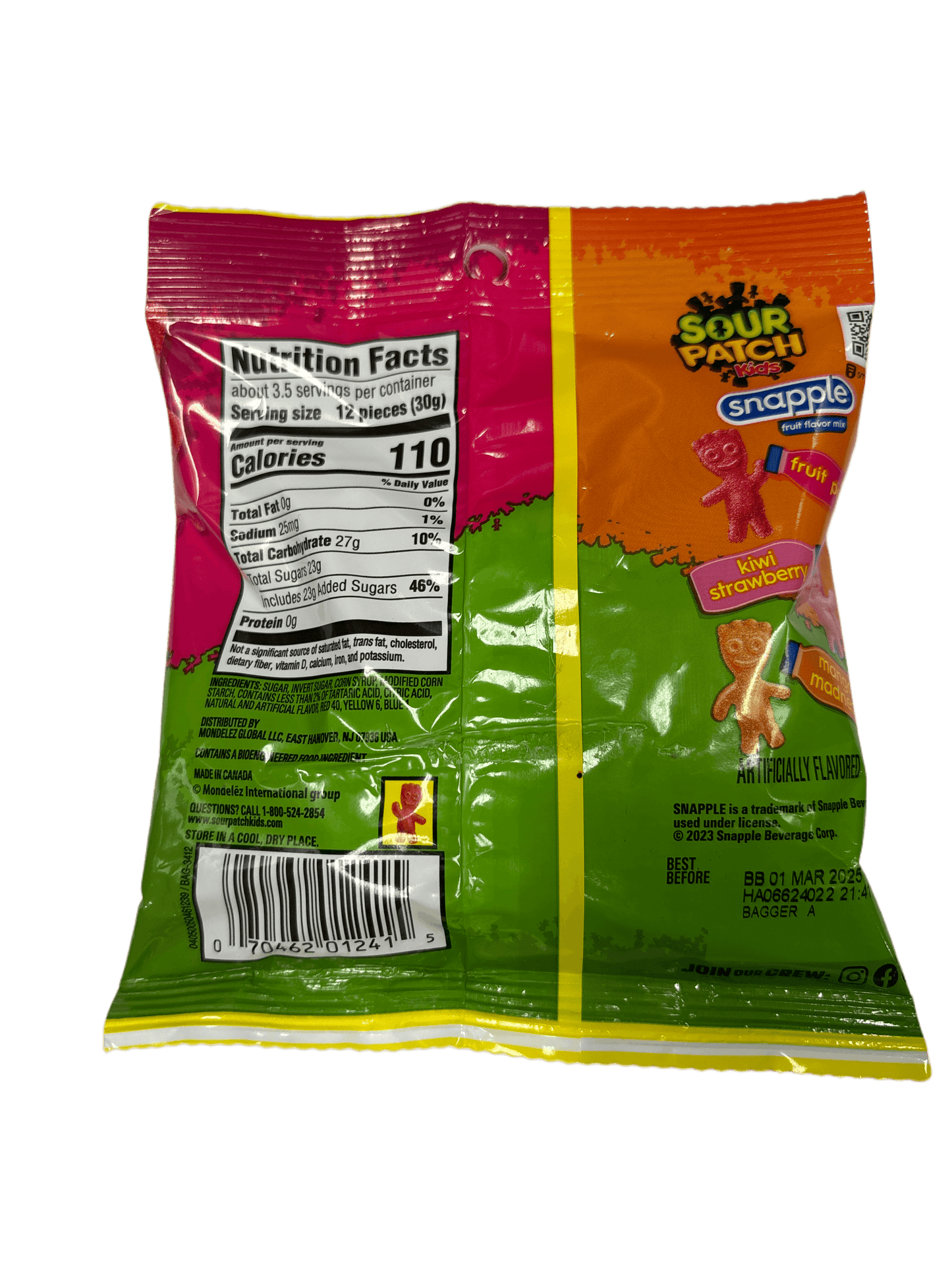 Sour Patch Kids Snapple Fruit Flavor Mix Peg Bag 3.61OZ BB 03/25 - www.Shopthatapp.com