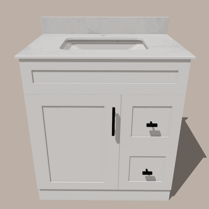 30-Inch Shaker Bathroom Vanity with Drawers — Left or Right | White or Gray | Plywood Cabinet, Solid-Wood Door, Soft-Close 3-Way Clip-On Hinges - www.Shopthatapp.com
