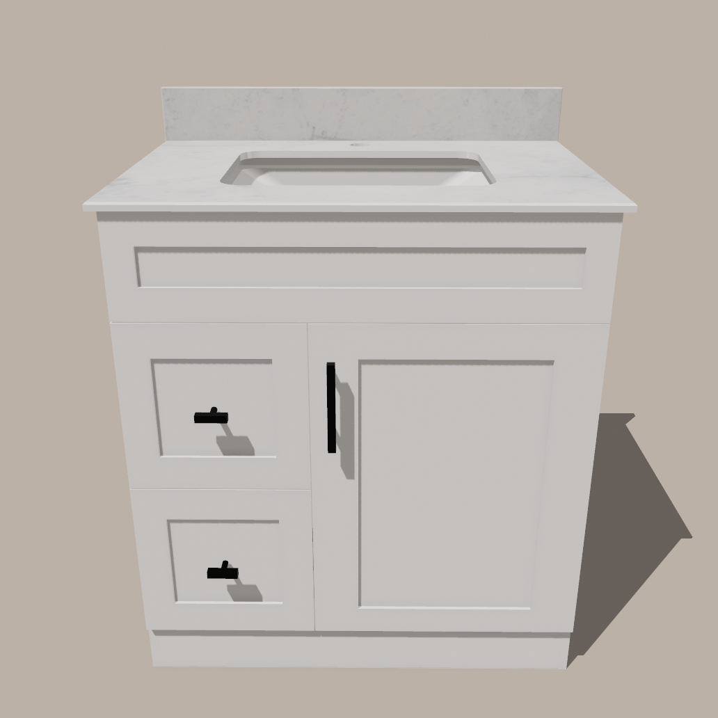 30-Inch Shaker Bathroom Vanity with Drawers — Left or Right | White or Gray | Plywood Cabinet, Solid-Wood Door, Soft-Close 3-Way Clip-On Hinges - www.Shopthatapp.com