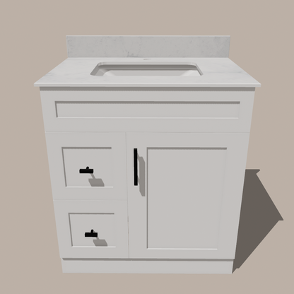 30-Inch Shaker Bathroom Vanity with Drawers — Left or Right | White or Gray | Plywood Cabinet, Solid-Wood Door, Soft-Close 3-Way Clip-On Hinges - www.Shopthatapp.com