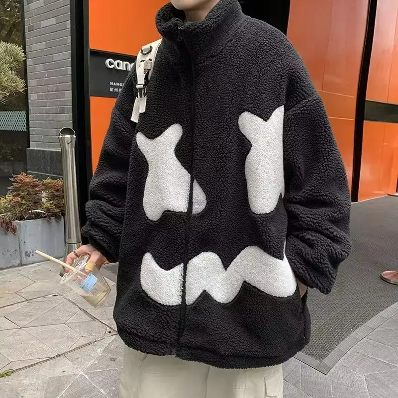 Stand Collar Winter Fleece-lined Thickening Embroidery Loose All-match Lamb Wool Coat For Men - www.Shopthatapp.com