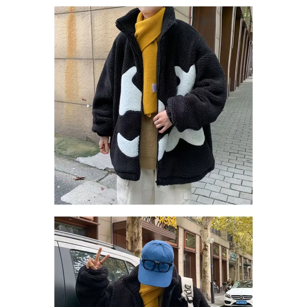 Stand Collar Winter Fleece-lined Thickening Embroidery Loose All-match Lamb Wool Coat For Men - www.Shopthatapp.com