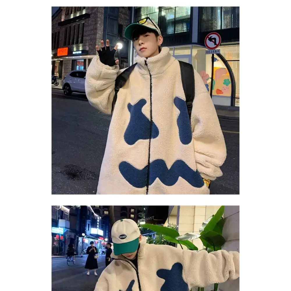 Stand Collar Winter Fleece-lined Thickening Embroidery Loose All-match Lamb Wool Coat For Men - www.Shopthatapp.com