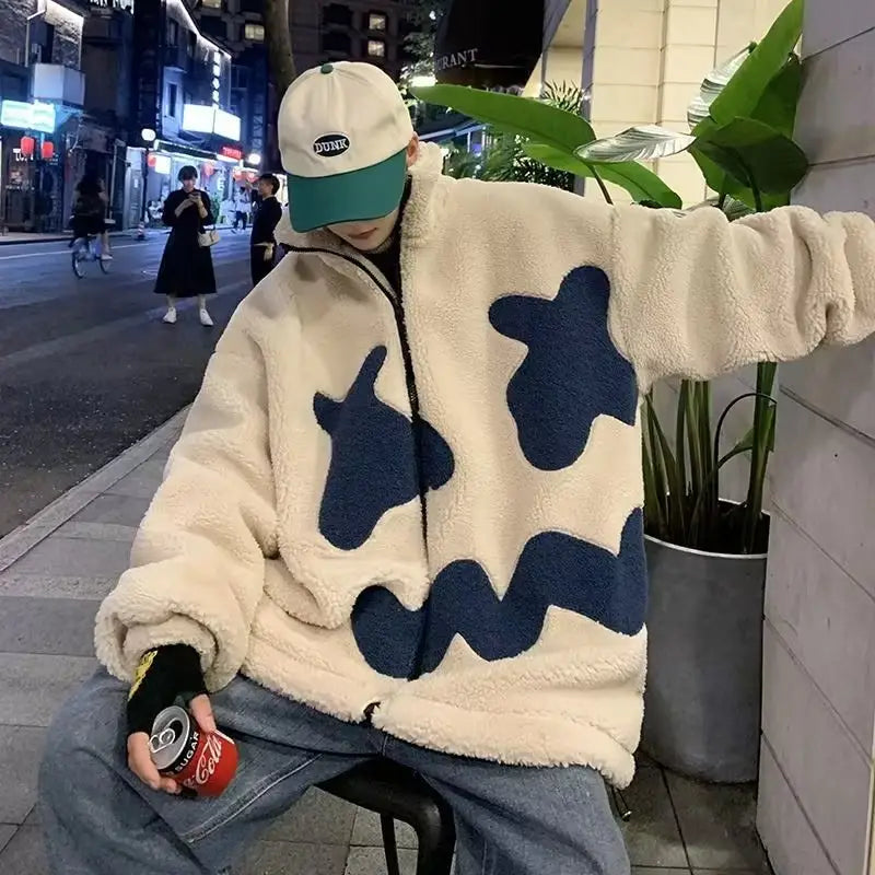 Stand Collar Winter Fleece-lined Thickening Embroidery Loose All-match Lamb Wool Coat For Men - www.Shopthatapp.com