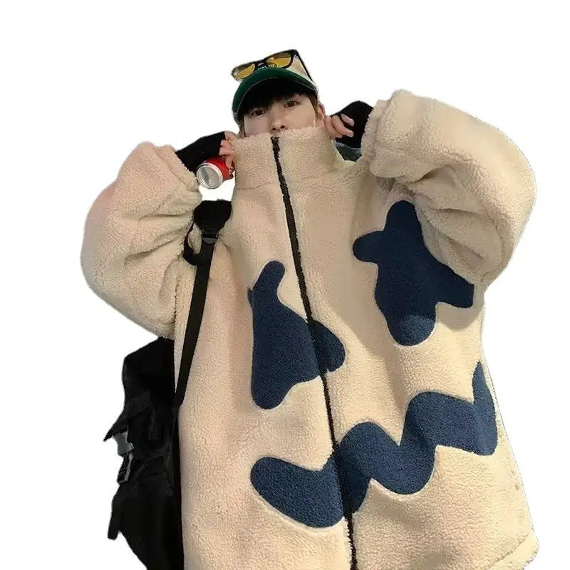 Stand Collar Winter Fleece-lined Thickening Embroidery Loose All-match Lamb Wool Coat For Men - www.Shopthatapp.com