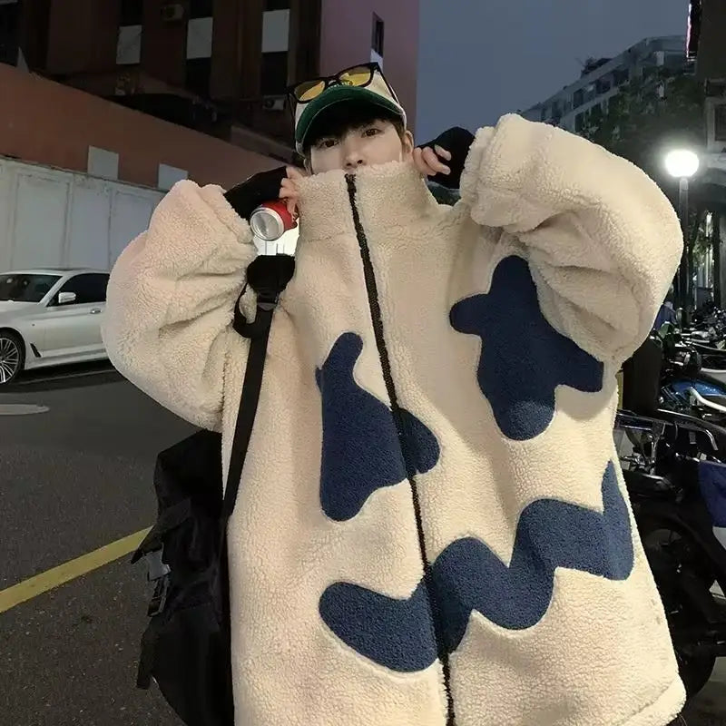 Stand Collar Winter Fleece-lined Thickening Embroidery Loose All-match Lamb Wool Coat For Men - www.Shopthatapp.com