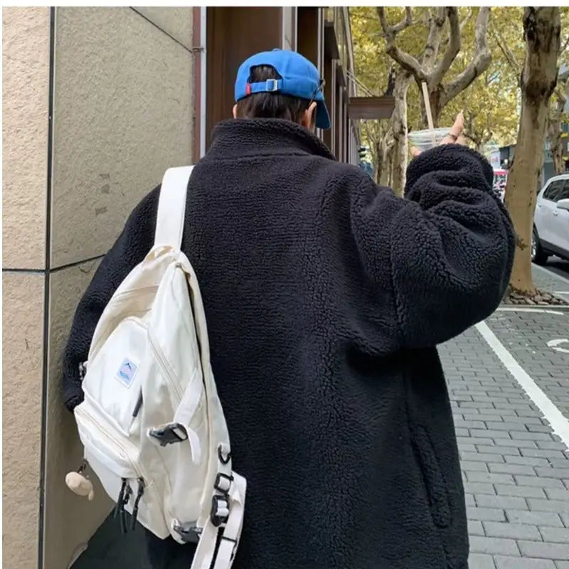 Stand Collar Winter Fleece-lined Thickening Embroidery Loose All-match Lamb Wool Coat For Men - www.Shopthatapp.com