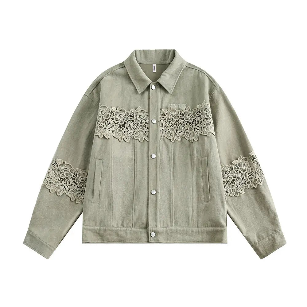 Stitching Hollow Lace Lapel Denim Coat Men - www.Shopthatapp.com