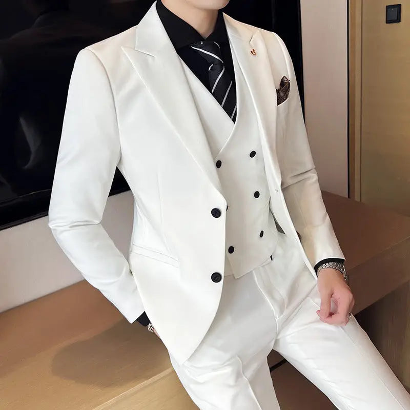 Suit Three-piece Suit Slim Korean Style Double Buckle Solid Color Light Business - www.Shopthatapp.com
