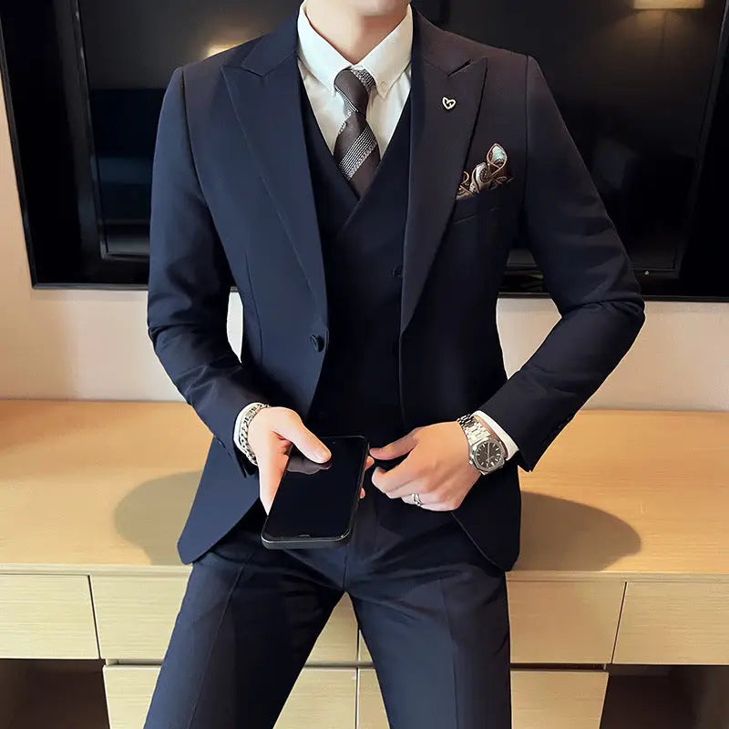 Suit Three-piece Suit Slim Korean Style Double Buckle Solid Color Light Business - www.Shopthatapp.com