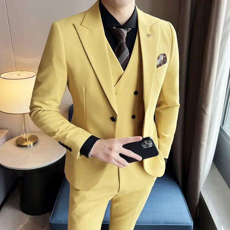 Suit Three-piece Suit Slim Korean Style Double Buckle Solid Color Light Business - www.Shopthatapp.com
