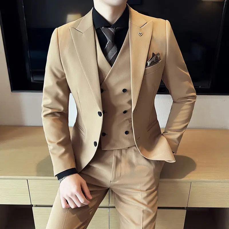 Suit Three-piece Suit Slim Korean Style Double Buckle Solid Color Light Business - www.Shopthatapp.com