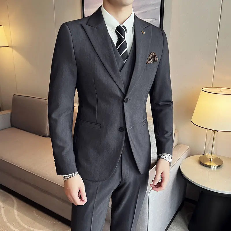 Suit Three-piece Suit Slim Korean Style Double Buckle Solid Color Light Business - www.Shopthatapp.com