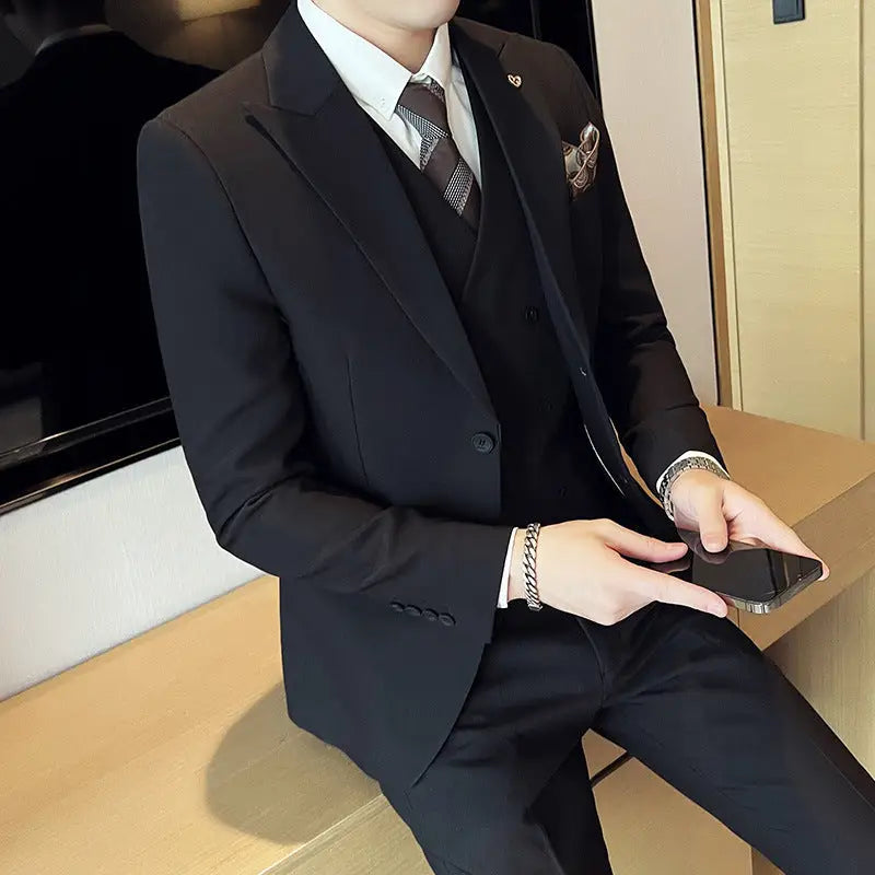 Suit Three-piece Suit Slim Korean Style Double Buckle Solid Color Light Business - www.Shopthatapp.com