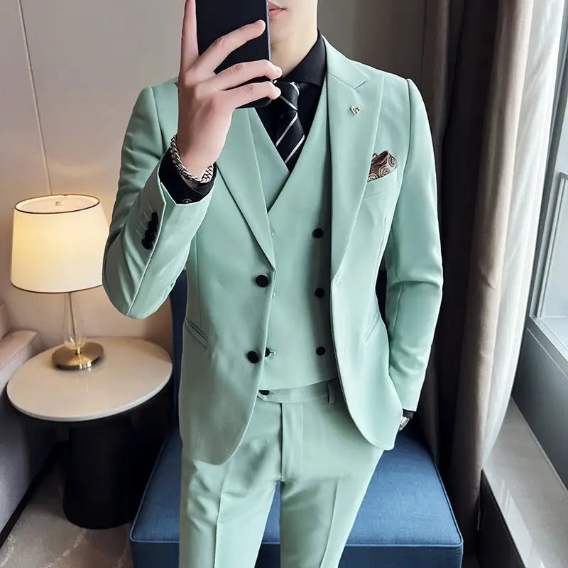Suit Three-piece Suit Slim Korean Style Double Buckle Solid Color Light Business - www.Shopthatapp.com