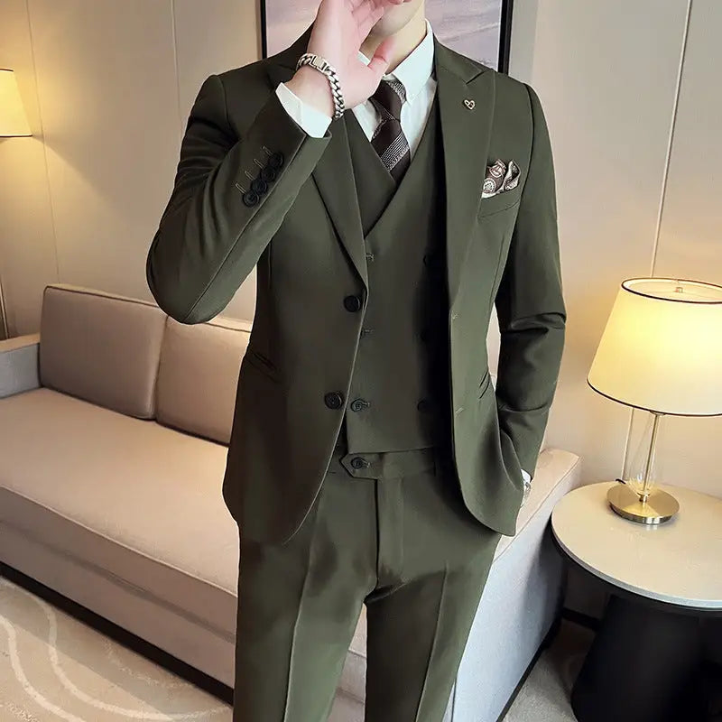 Suit Three-piece Suit Slim Korean Style Double Buckle Solid Color Light Business - www.Shopthatapp.com