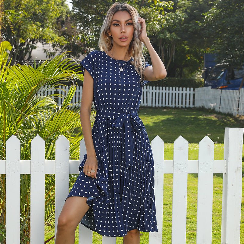 Summer Polka Dot Short Sleeve Pleated Dress - www.Shopthatapp.com