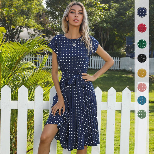 Summer Polka Dot Short Sleeve Pleated Dress - www.Shopthatapp.com